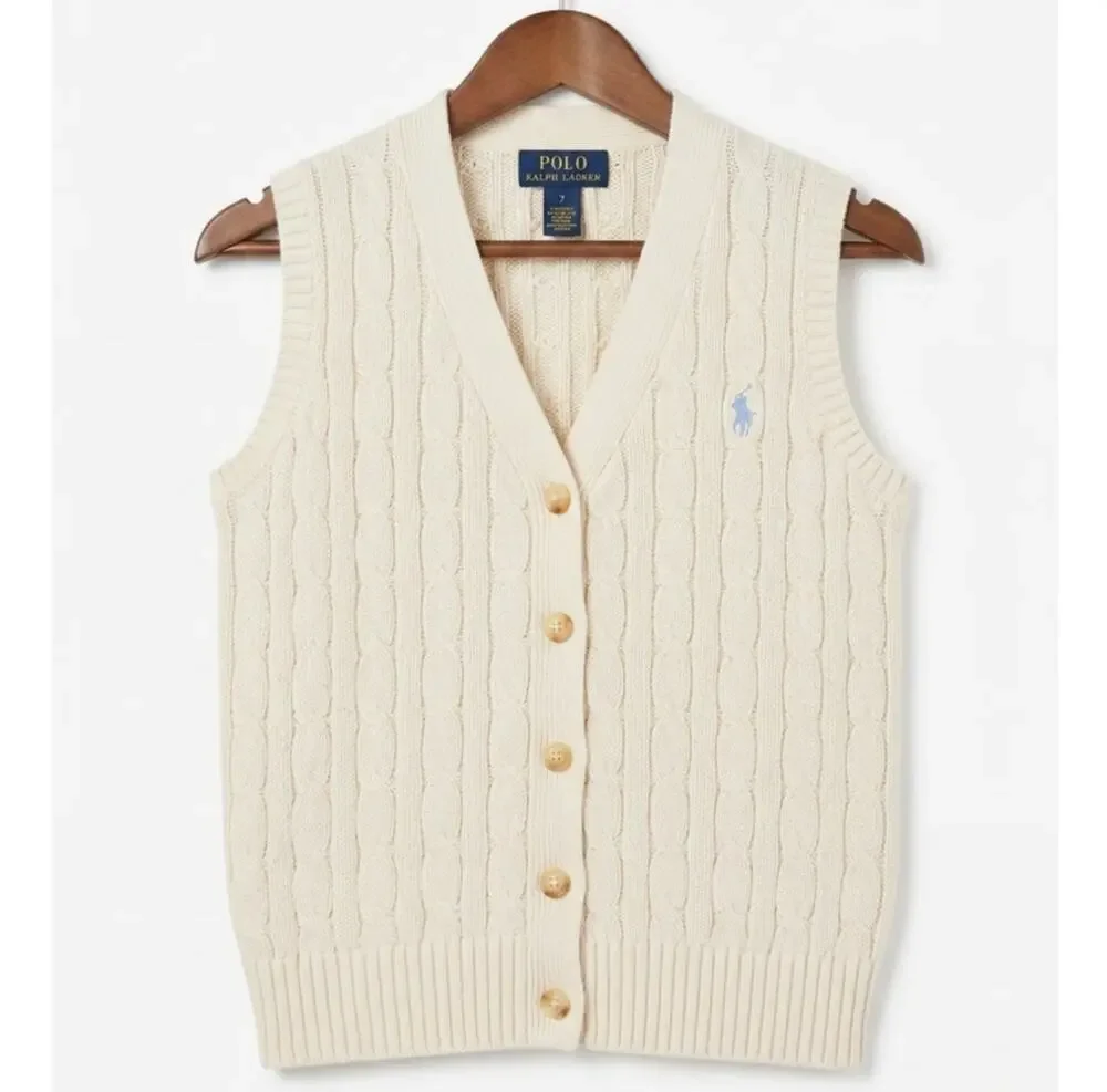 Polo Ralph Lauren Kids Cable-Knit Button-Up Vest – Cream / Ivory, Size S (7)